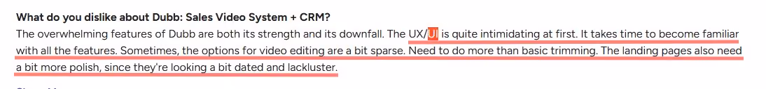 : A user review stating that while the features of Dubb are strong, the UX/UI is intimidating, the video editing options are sparse, and landing pages appear dated