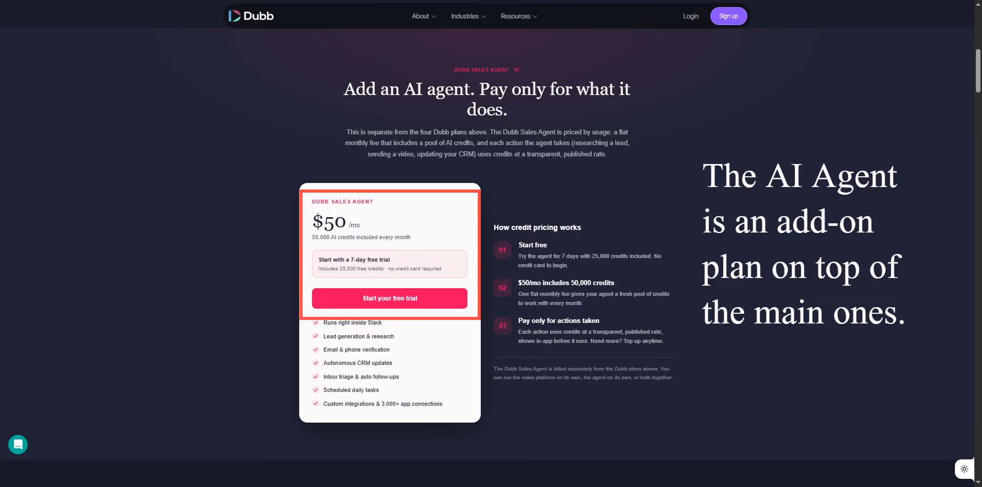 : An informational graphic explaining that the Dubb AI Sales Agent is an add-on plan costing $50 per month for 50,000 credits, billed separately from main plans.