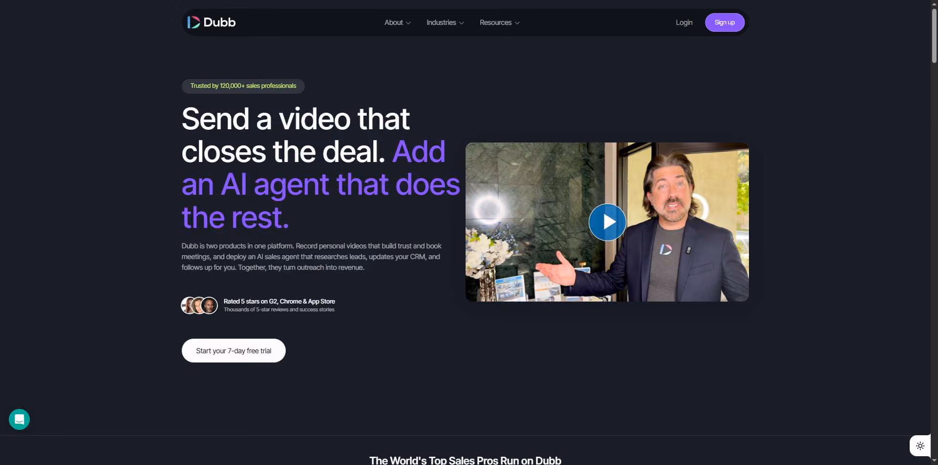 A Dubb landing page header featuring a man in a suit, a headline about using video to close deals, and a call-to-action button for a free trial.