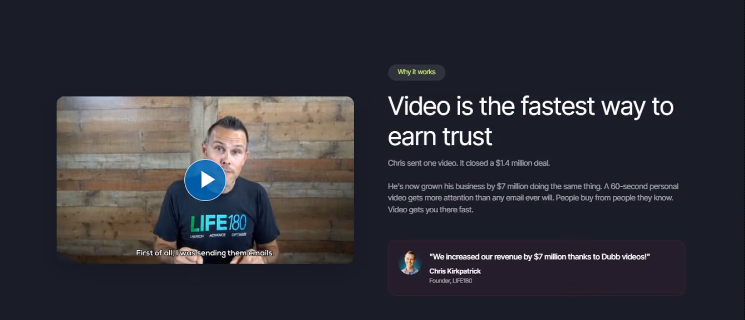 A testimonial section featuring a video of a founder explaining how Dubb helped increase his revenue by $7 million