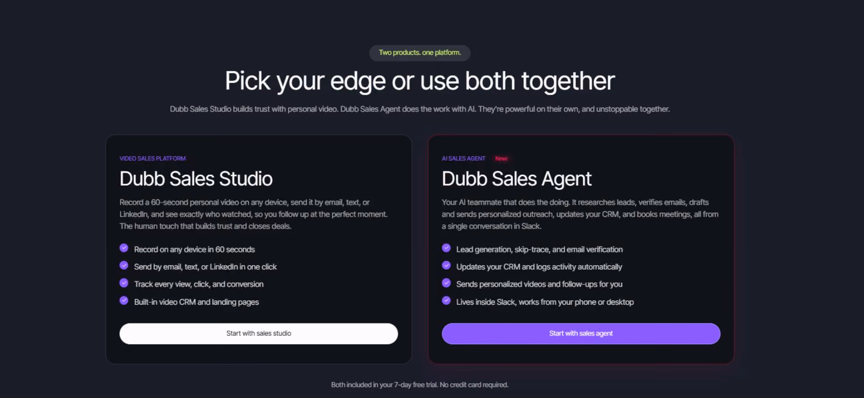 A comparison chart showing the features and benefits of Dubb Sales Studio and Dubb Sales Agent, with buttons to start a trial for each.