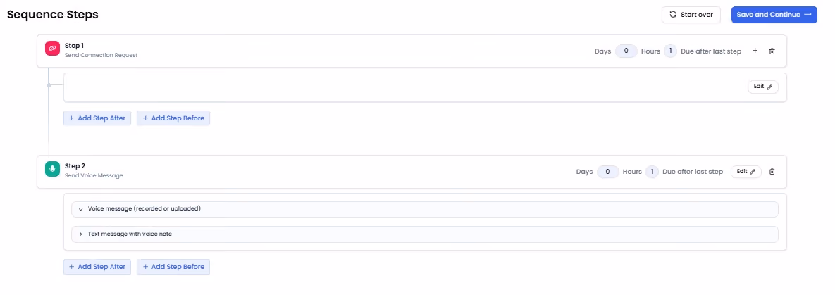A campaign sequence builder showing a two-step process involving a connection request and a voice message.