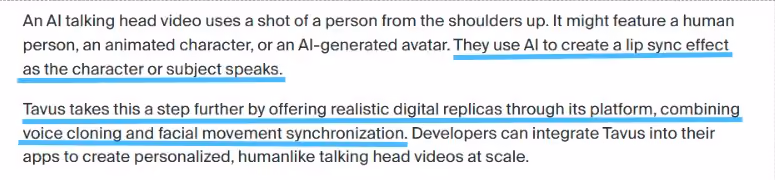 A paragraph describing how AI talking head videos work and how Tavus creates realistic digital replicas.