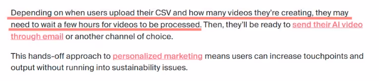 A paragraph explaining the timeline for processing AI videos and how they can be used for personalized marketing