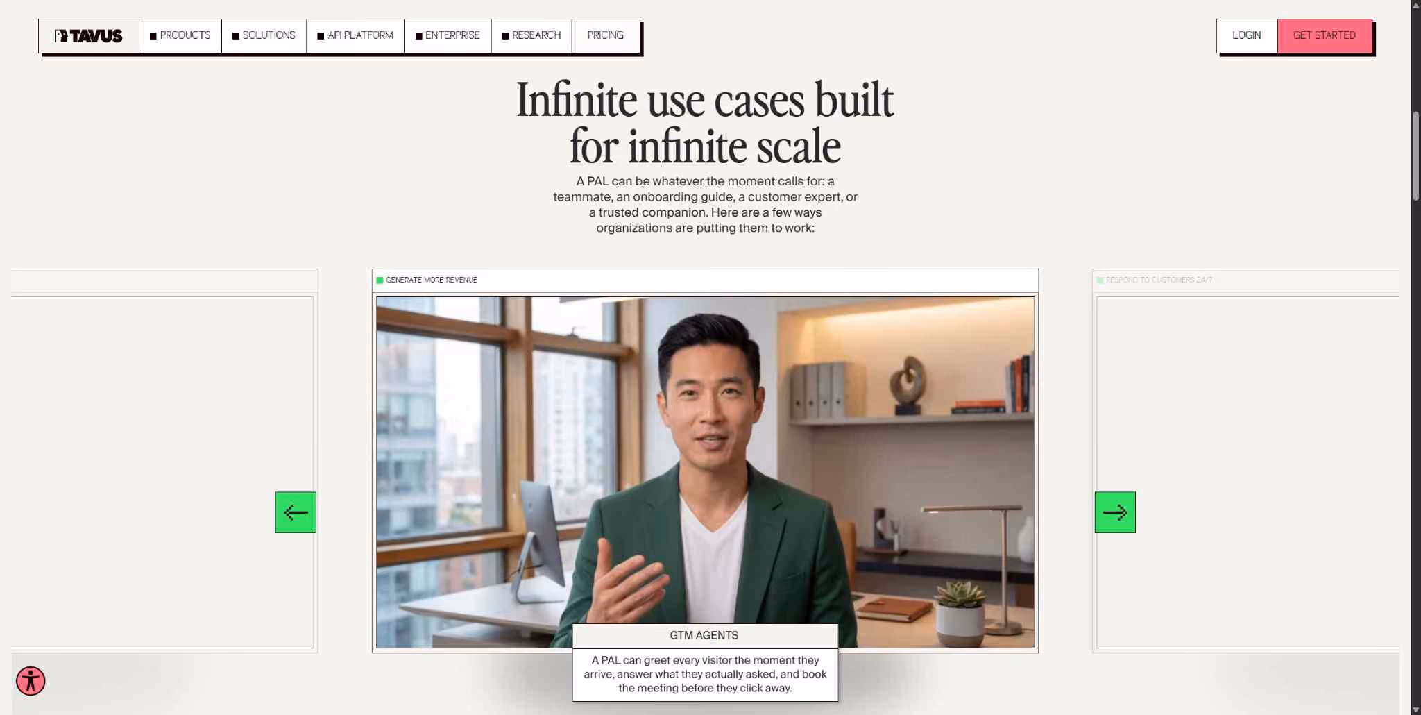 A webpage section titled "Infinite use cases built for infinite scale" showing a demonstration of an AI agent greeting visitors.