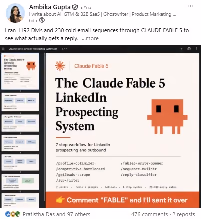 LinkedIn post by Ambika Gupta sharing a slide deck titled The Claude Fable 5 LinkedIn Prospecting System.