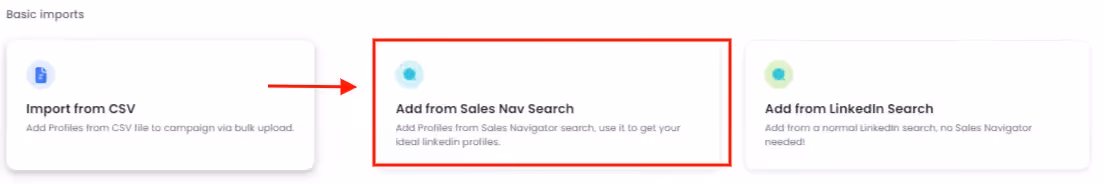 A navigation menu for importing contacts from different sources, with an arrow pointing to the Sales Navigator search option