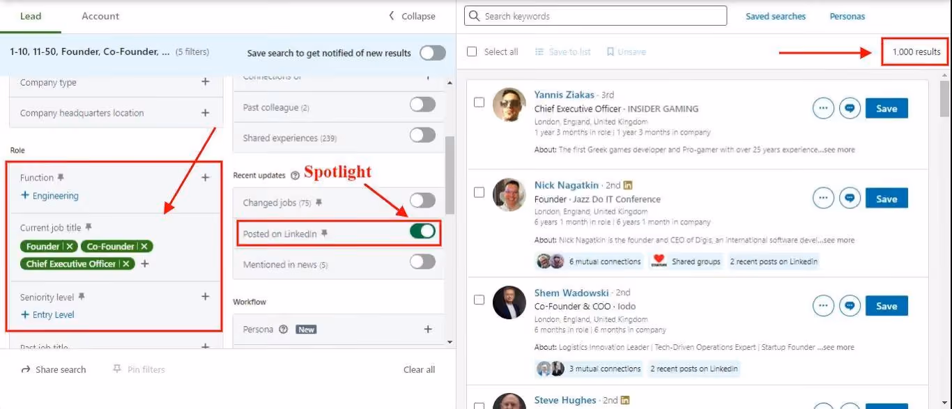 A LinkedIn search results page with red boxes highlighting filter criteria and the total number of results found.