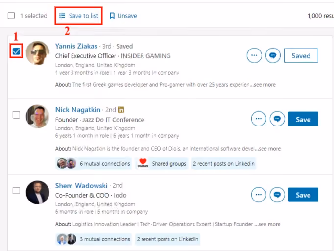 A LinkedIn search interface showing a list of users with checkboxes to select and save their profiles to a list