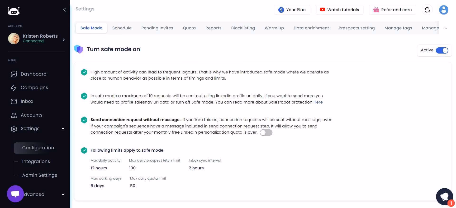 The settings page for a software tool with options to configure safe mode and activity limits for LinkedIn automation.