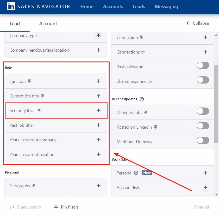 A screenshot of a LinkedIn Sales Navigator search filter menu, with a red box highlighting the 'Role' section and a red arrow pointing toward the 'Workflow' section.