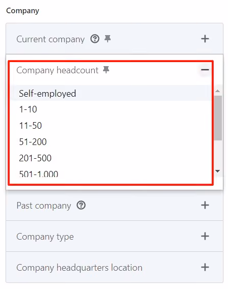 A screenshot of a LinkedIn Sales Navigator company headcount filter menu with options ranging from 'Self-employed' to '501-1.000'.