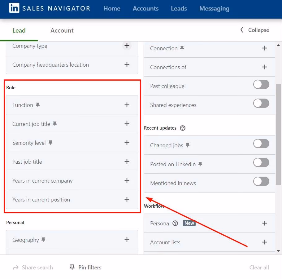 A screenshot of a LinkedIn Sales Navigator search filter menu, with a red box highlighting the 'Role' section and a red arrow pointing toward the 'Workflow' section
