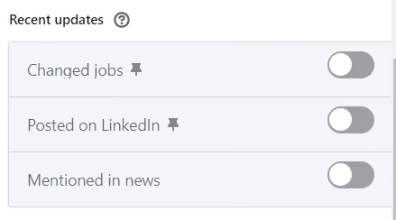 A close-up of a LinkedIn Sales Navigator 'Recent updates' filter menu with toggle switches for 'Changed jobs', 'Posted on LinkedIn', and 'Mentioned in news'