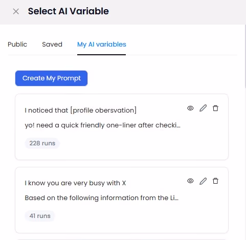 A screenshot of a web interface labeled 'Select AI Variable' showing two saved prompt templates with edit and delete icons next to each.
