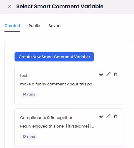 A user interface screen for selecting smart comment variables with existing options for tests and compliments