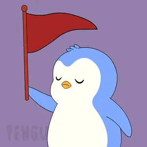 A cute cartoon penguin holding a red flag.