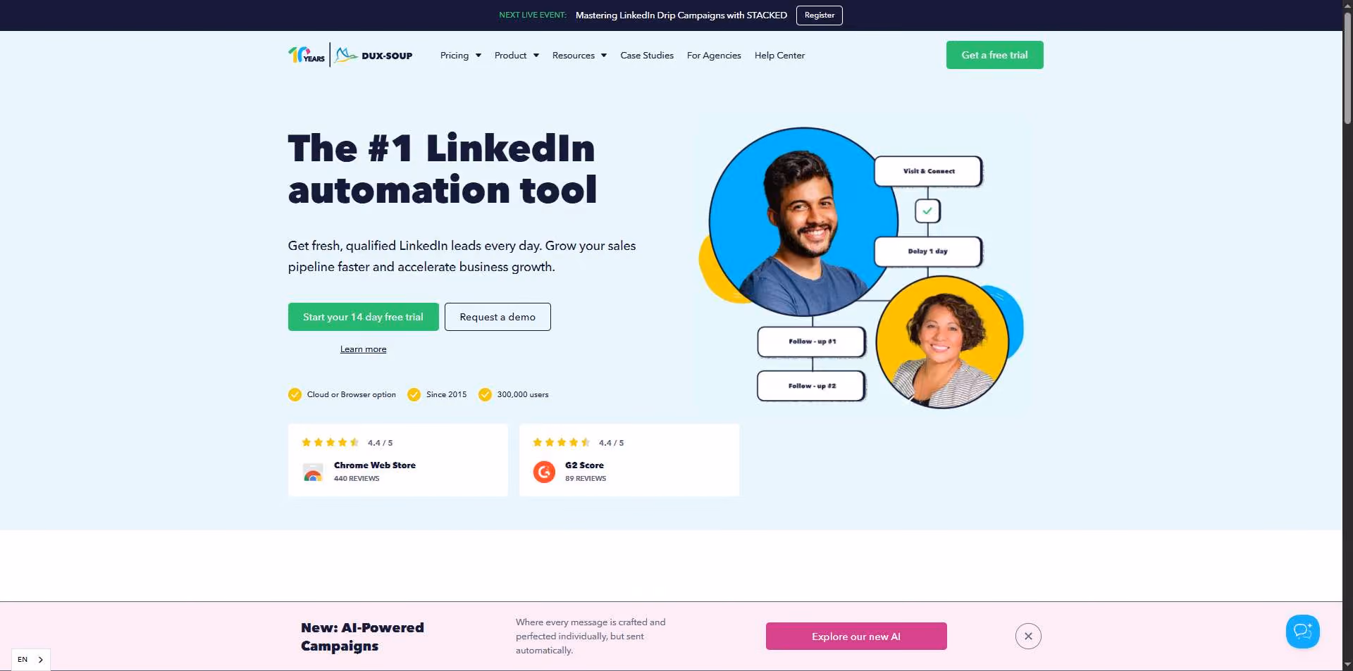 Dux-Soup homepage showcasing LinkedIn automation tools with user testimonials and a free trial offer.