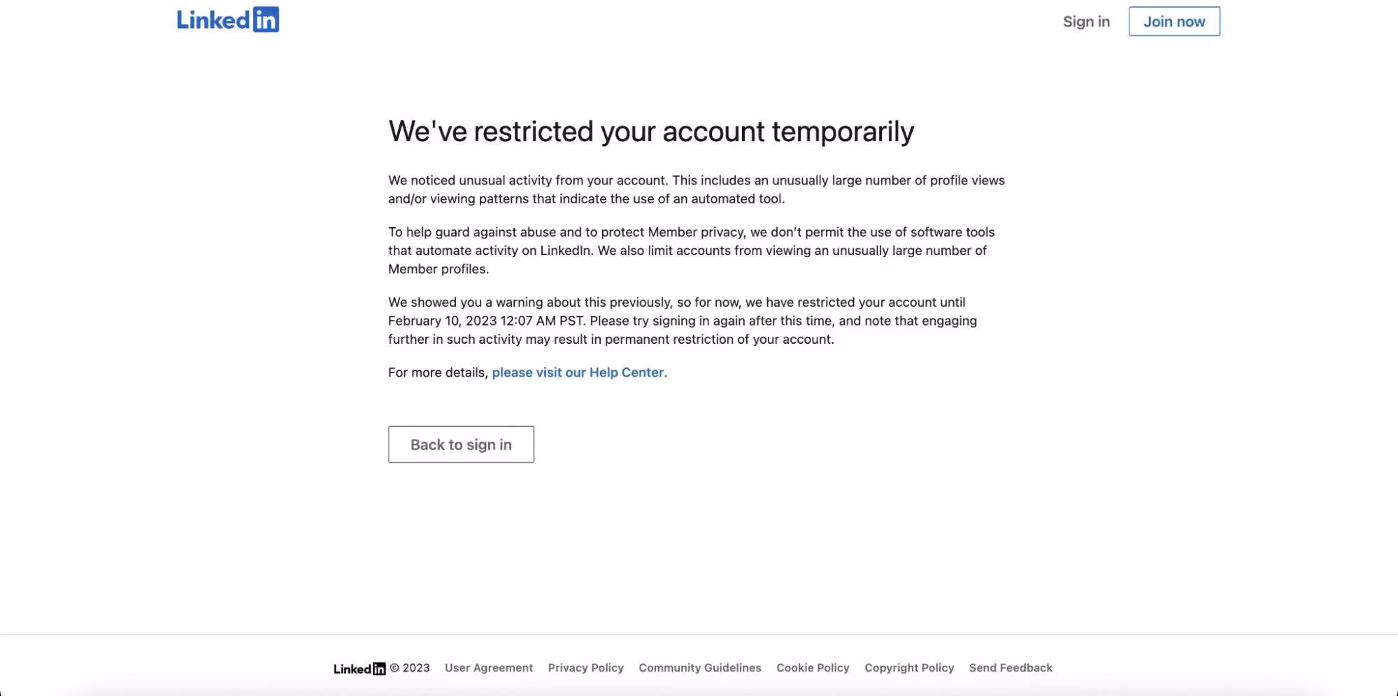 Temporary LinkedIn account restriction notice explaining the reason for the block and when it will be lifted.