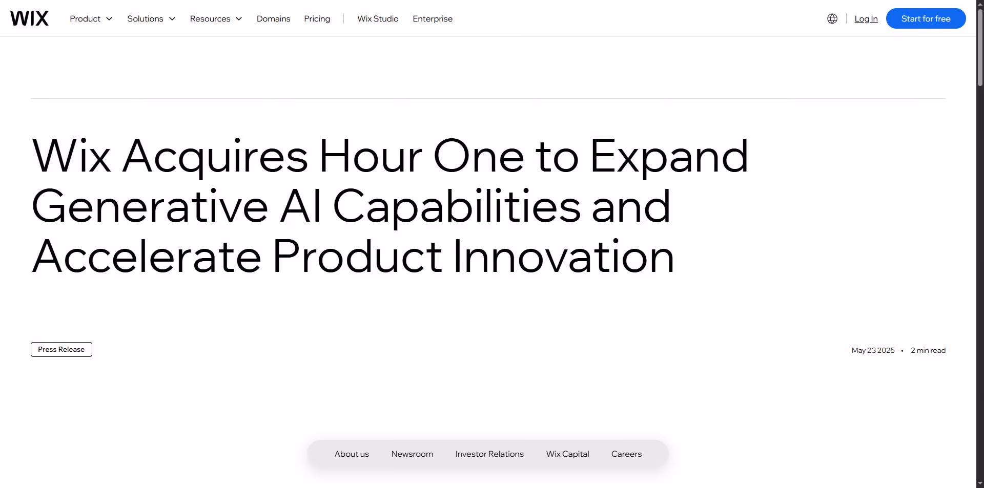 A Wix press release headline announcing the acquisition of Hour One to boost generative AI capabilities.