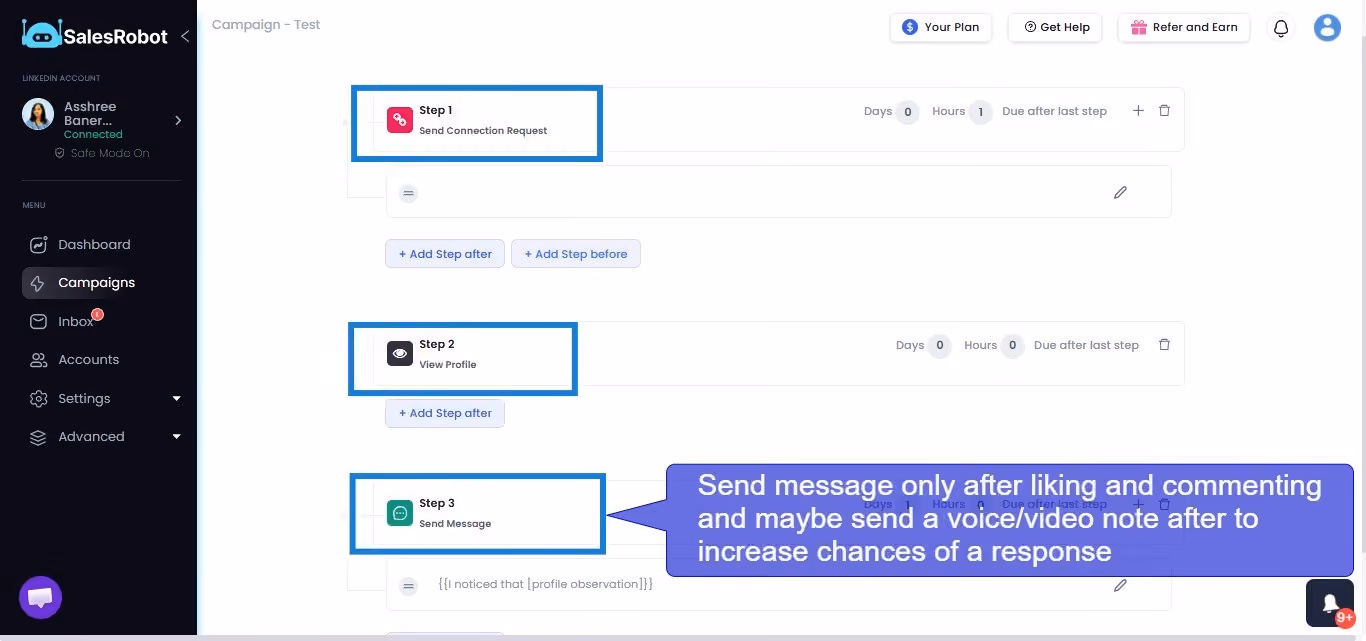 A SalesRobot campaign workflow editor with a tip on using voice and video notes to improve engagement.