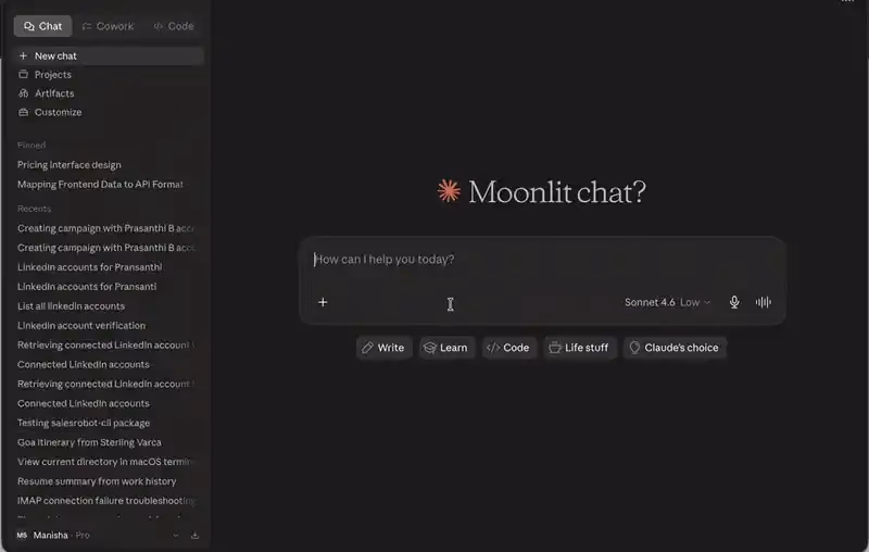 A dark mode CLAUDE chat interface titled Moonlit chat with a prompt input field and several suggested action buttons.