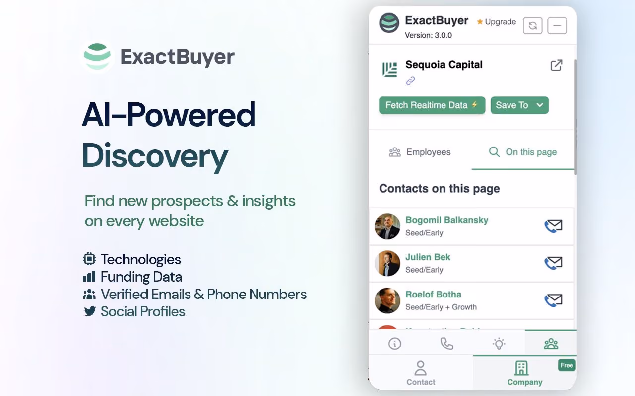 An ExactBuyer promotional graphic showing a mobile browser extension interface for finding business contacts.