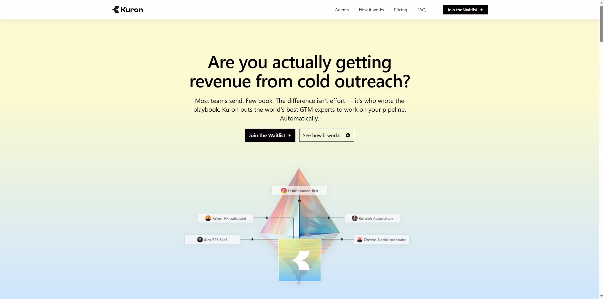 A website landing page for Kuron asking if the user is getting revenue from cold outreach with a call to action to join the waitlist.