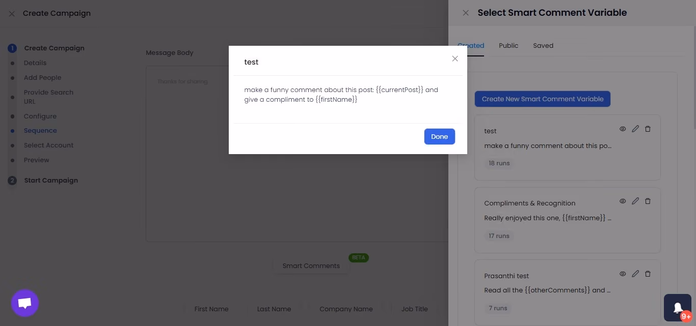 Screenshot of the SalesRobot interface for creating and managing smart comment variables for automated engagement