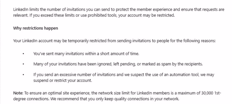 Informational text explaining LinkedIn's invitation limits and potential causes for account restrictions
