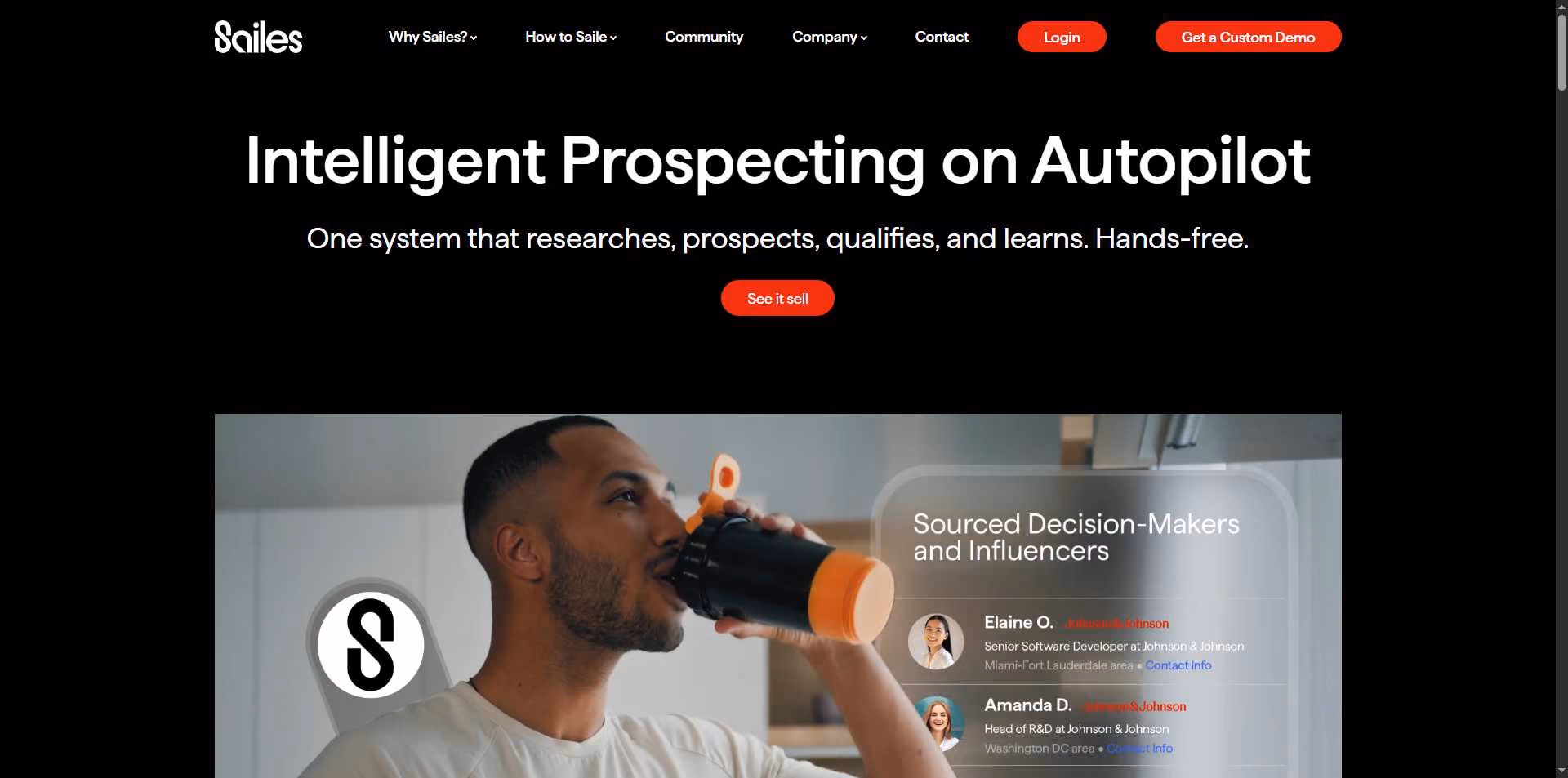 A man drinking from a water bottle with a digital business profile overlay showing sourced decision-makers.