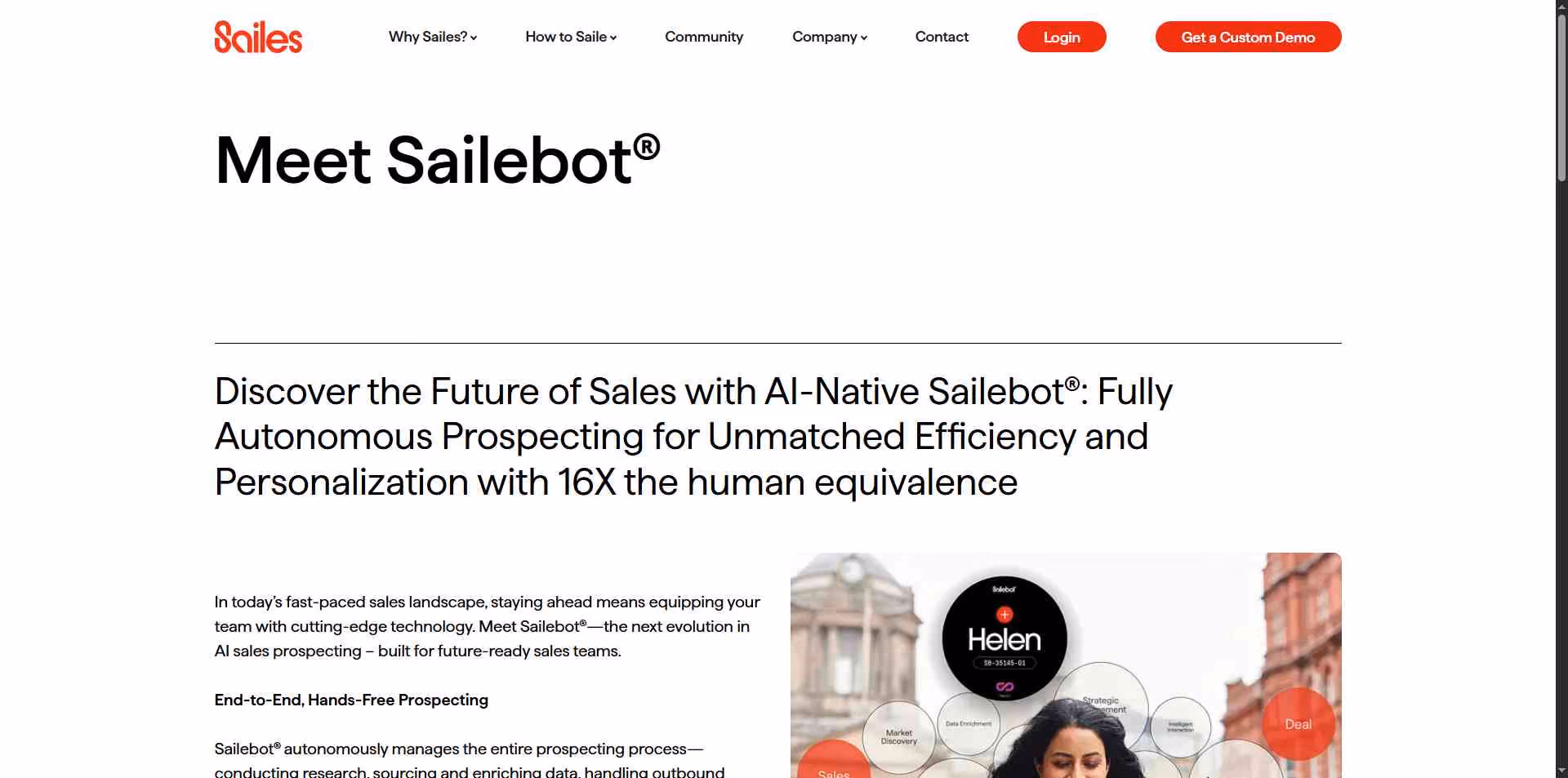 An illustration of a woman using a phone with a digital overlay showing Sailebot's prospecting process.