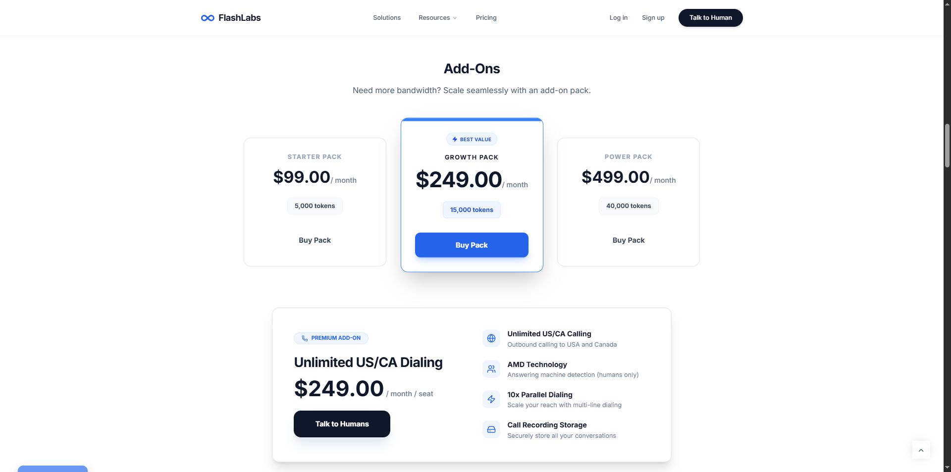 A pricing page for FlashLabs add-ons, highlighting the Growth Pack and unlimited US/CA dialing.