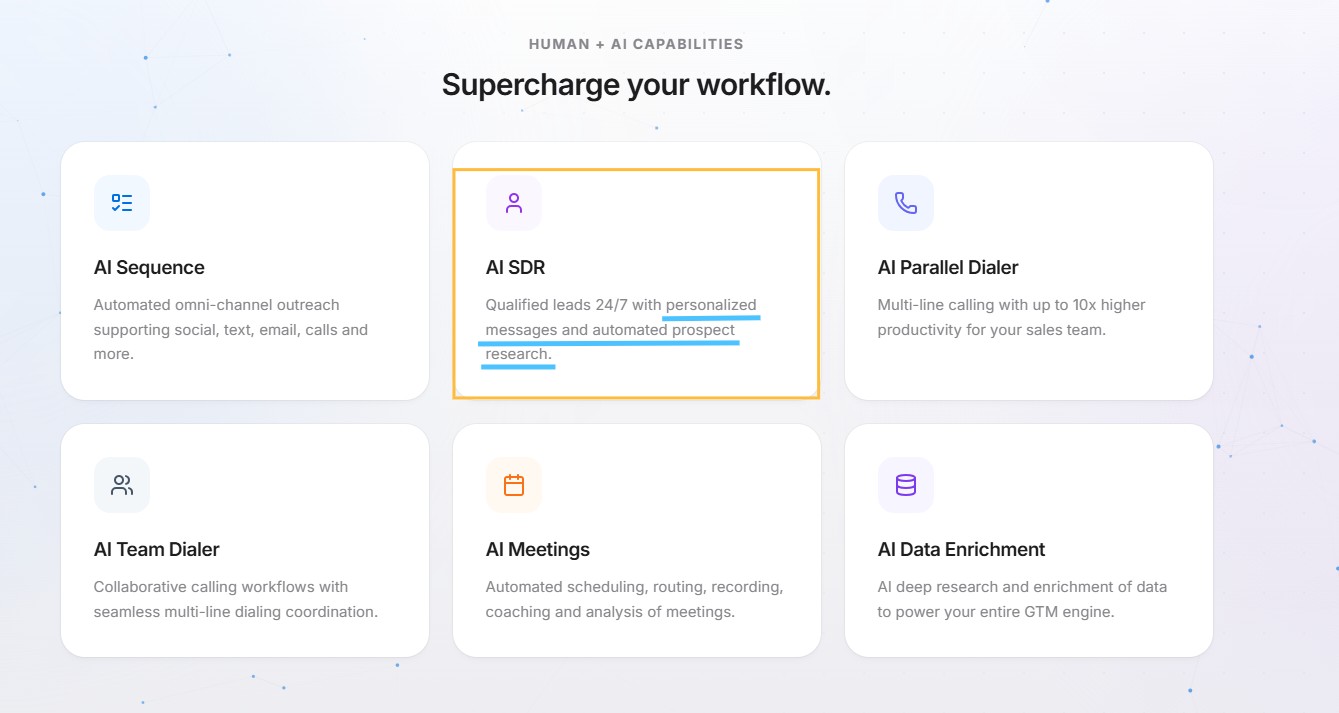 Highlighted AI SDR capability for generating qualified leads 24/7 with automated research.