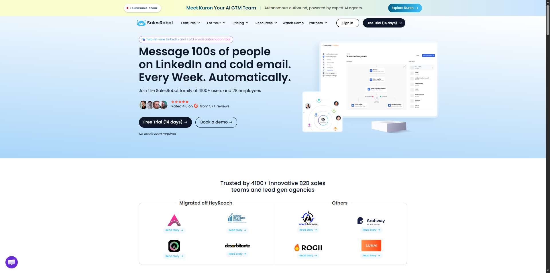 A landing page for SalesRobot showcasing automated LinkedIn and cold email marketing features.