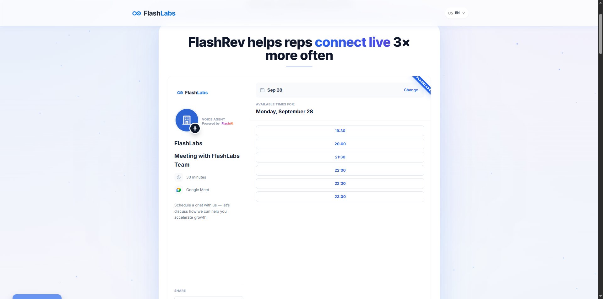 A booking interface for scheduling a 30-minute meeting with the FlashLabs team.