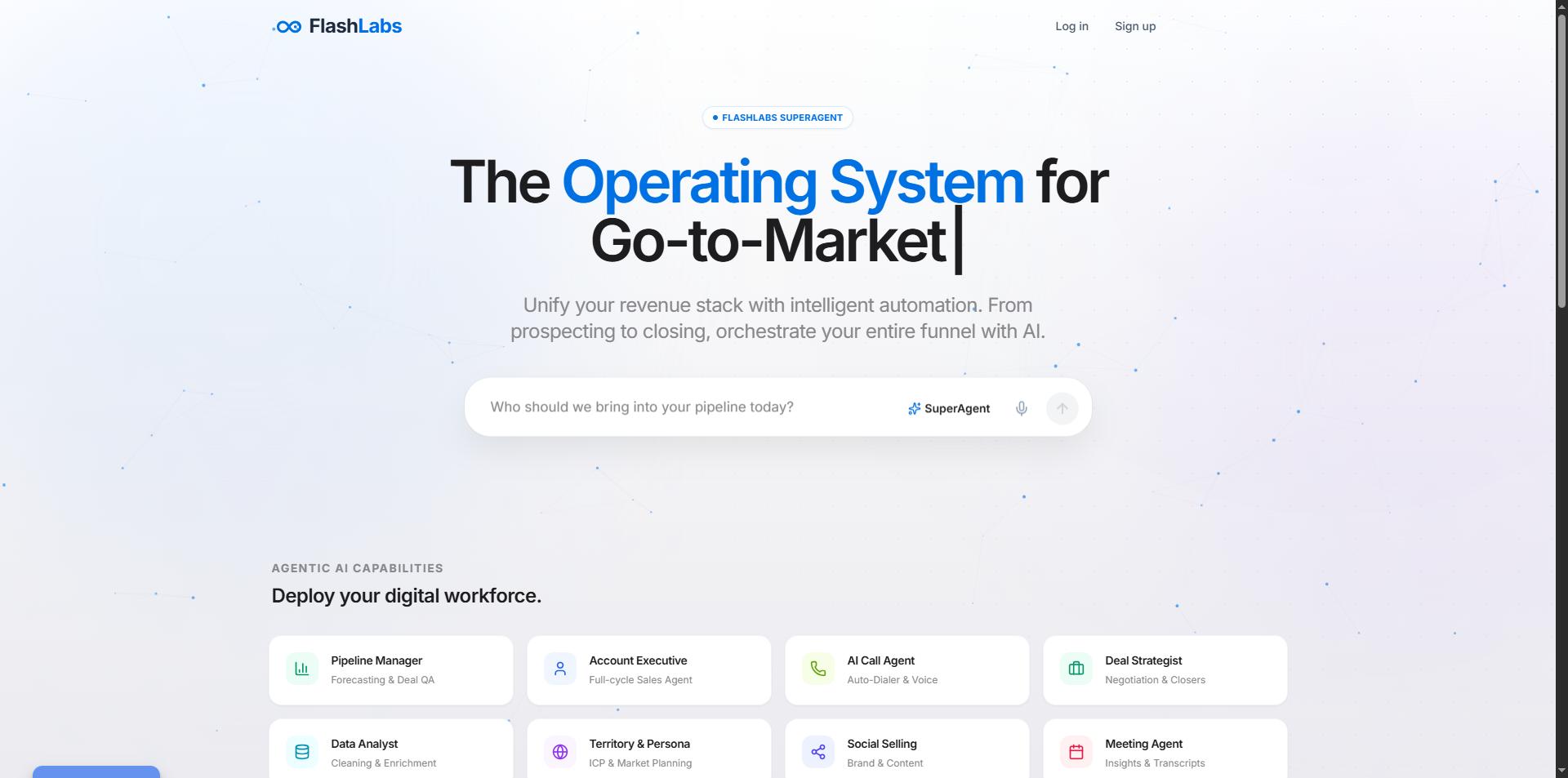 FlashLabs landing page promoting an operating system for go-to-market strategies with AI automation.