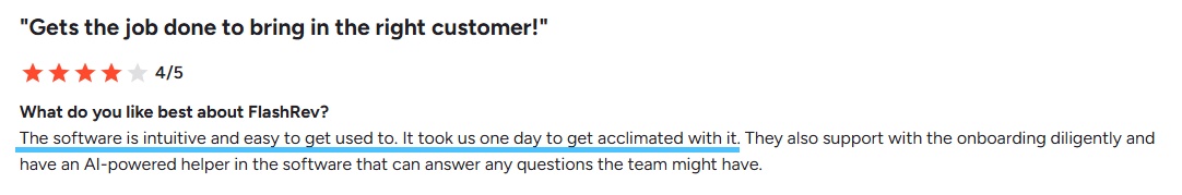 A 4-star user review for FlashRev praising its ease of use and AI-powered support.