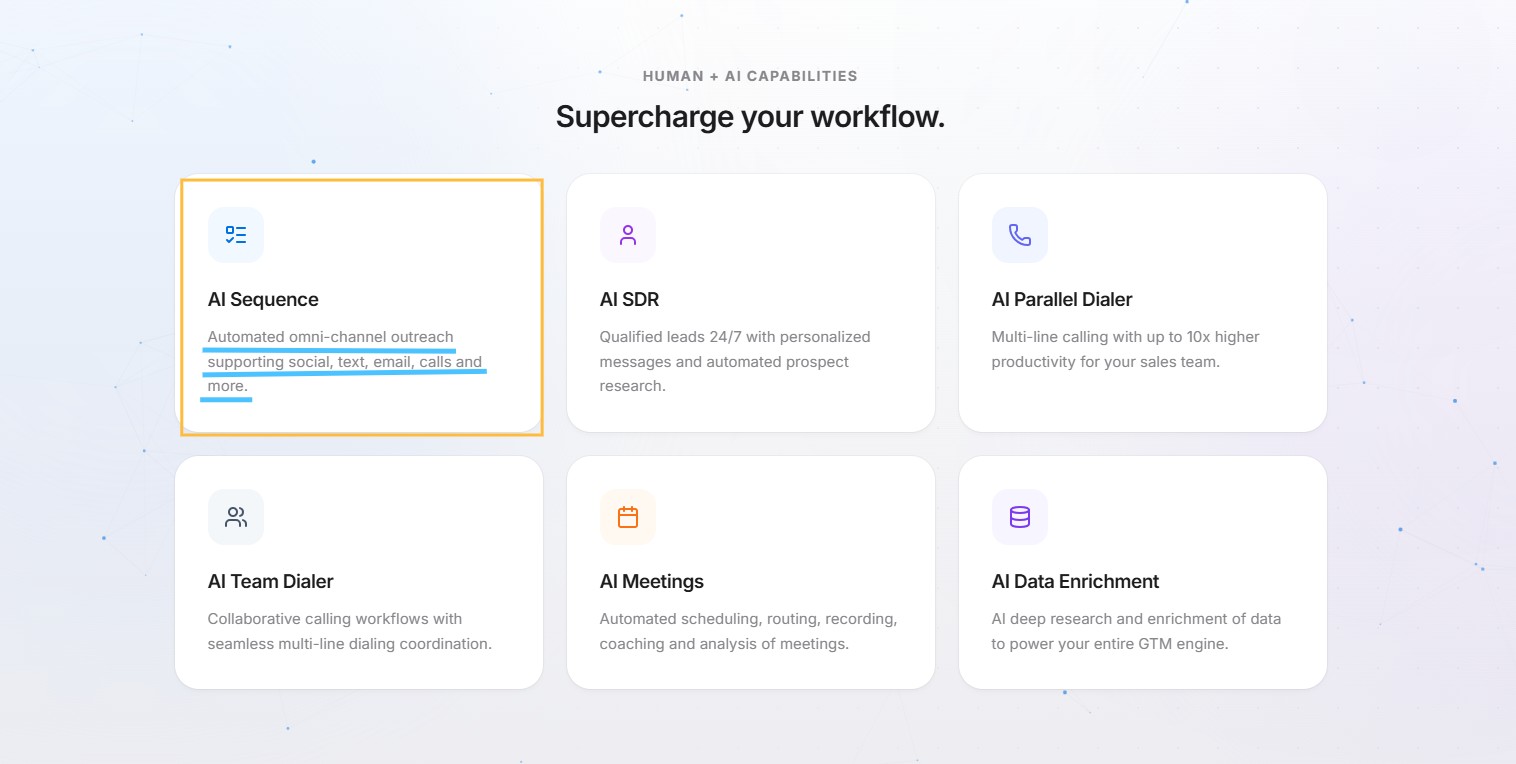 Highlighted AI Sequence capability for automated omni-channel sales outreach.