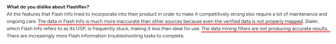 A user review outlining dislikes about FlashRev, specifically regarding data accuracy and filter issues.