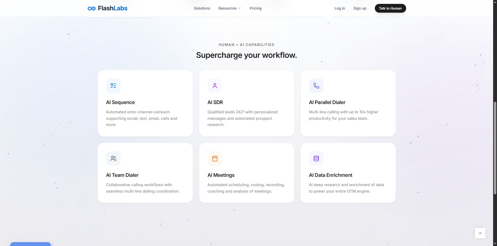 A list of AI-powered capabilities for sales teams, including Sequence, SDR, Dialers, Meetings, and Data Enrichment.