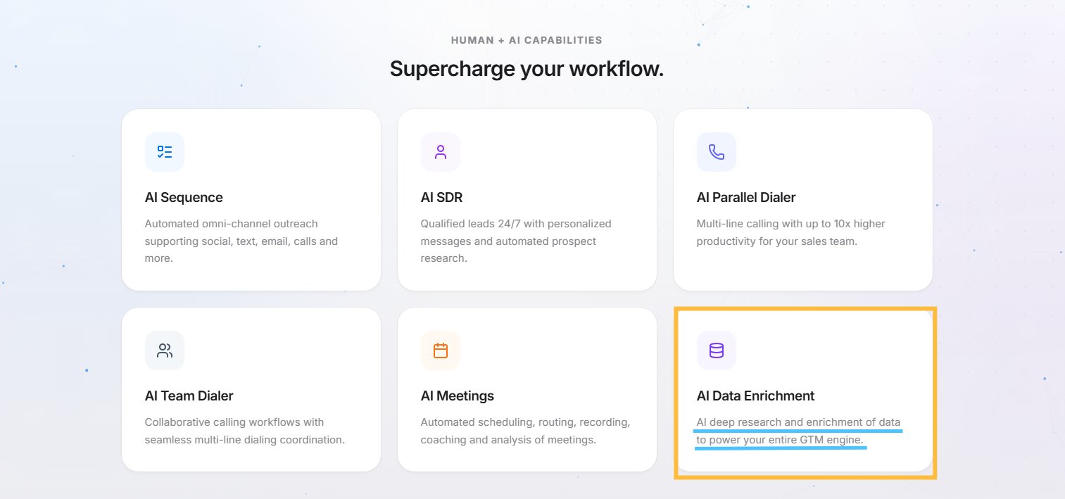 Highlighted AI Data Enrichment capability for powering go-to-market engines with deep research.