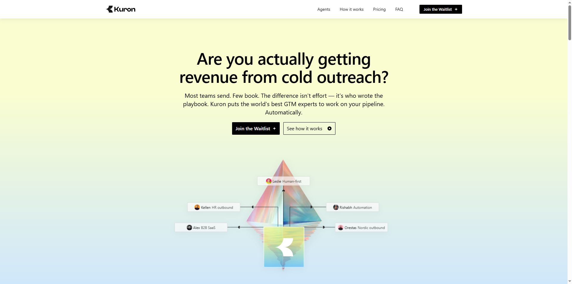 The homepage for Kuron, a cold outreach platform, featuring a central pyramid graphic representing various outreach strategies.