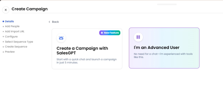 A campaign creation screen offering two options: creating a campaign with SalesGPT or selecting the advanced user mode.