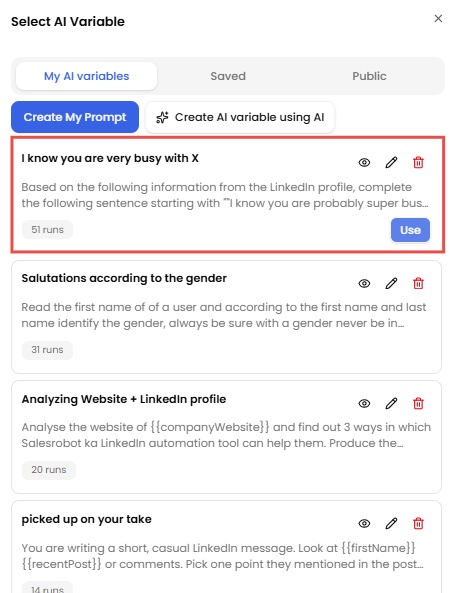 A list of AI variable prompts with options to use, edit, or delete each one.