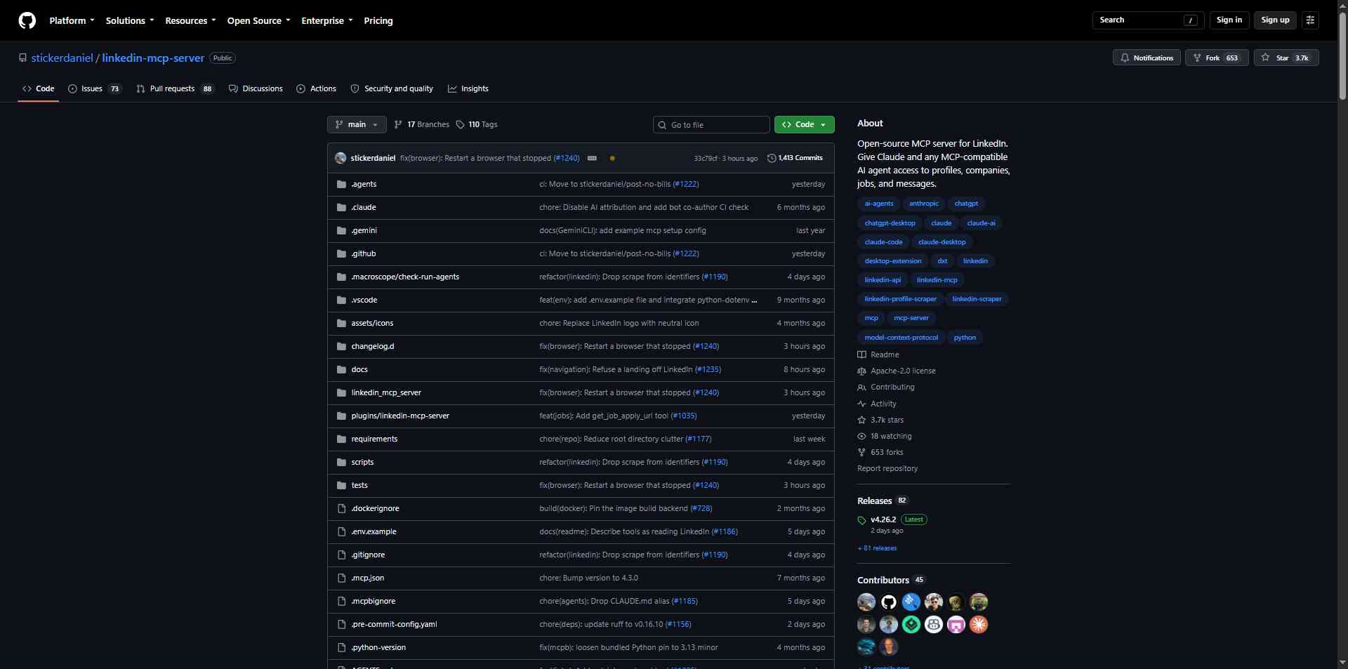 A GitHub repository page for linkedin-mcp-server displaying file structures and project metadata.