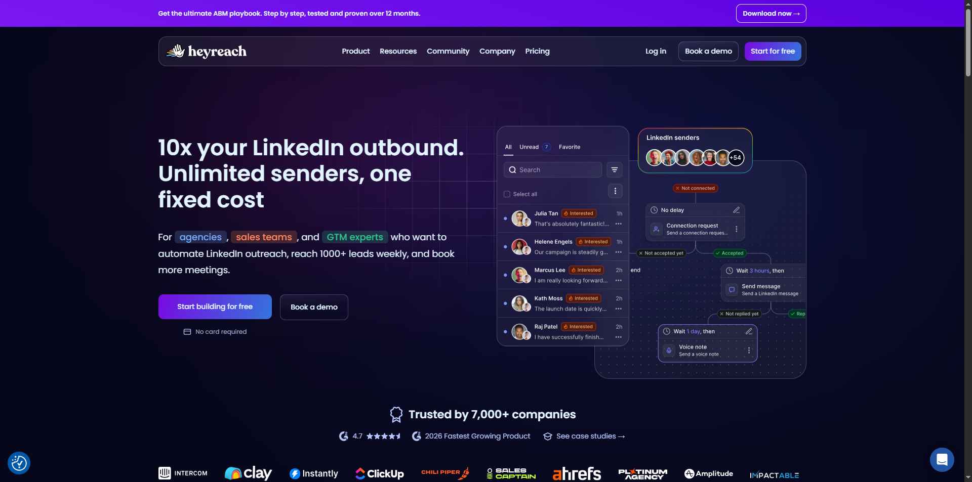 The Heyreach website homepage highlighting LinkedIn outreach tools and fixed costs.