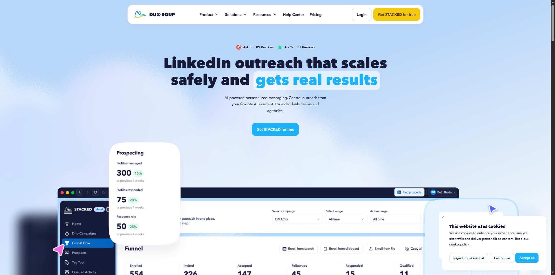 Dux-Soup homepage showing features for LinkedIn outreach automation and lead generation.