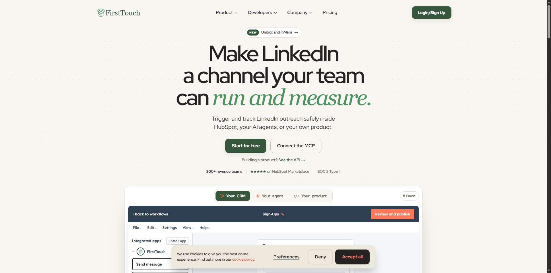 The FirstTouch website homepage describing LinkedIn outreach tools for revenue teams.