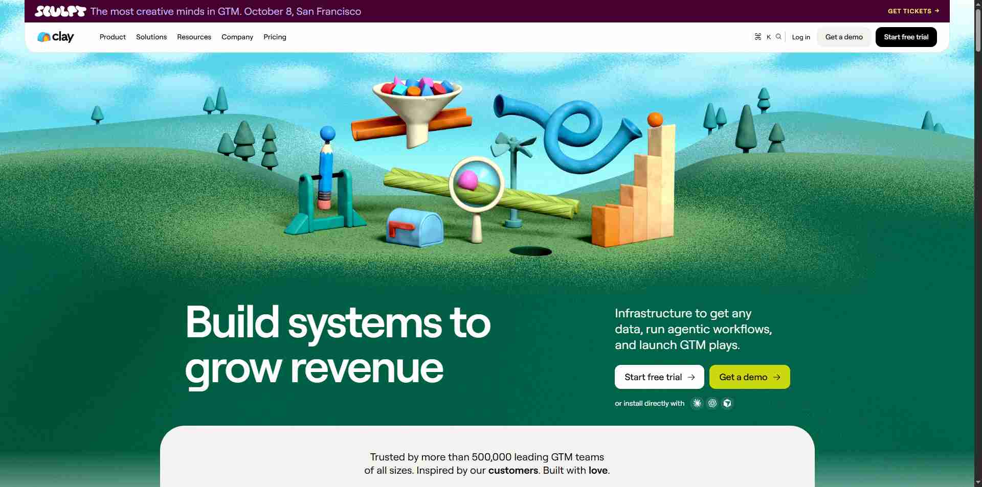 The Clay website homepage featuring abstract 3D graphics and messaging about building systems to grow revenue.